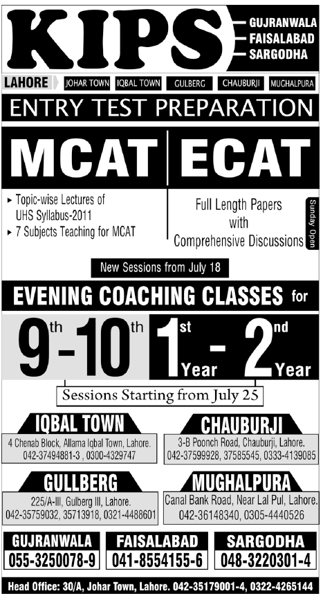 Admission in MCAT, ECAT at  KIPS College  in Faisalabad